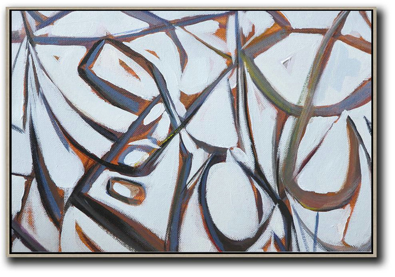 Horizontal Palette Knife Contemporary Art,Unique Canvas Art,White,Grey,Brown